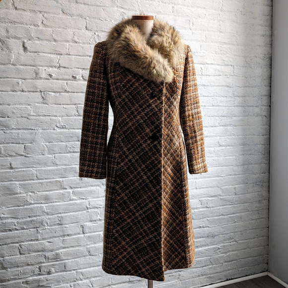70s Vintage Penny Lane Wool Fur Coat Groovy Plaid Minimal Trench Afghan Jacket - Picture 9 of 11